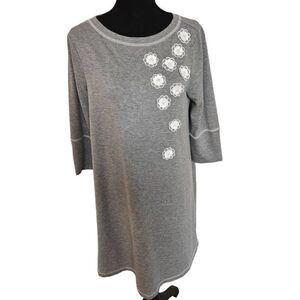 Tiana B Womens Heather Applique Floral Roll Up Sleeve T Shirt Dress Gray Medium